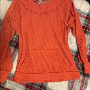 Cozy Waffle Knit Pullover Sweatshirt - Orange